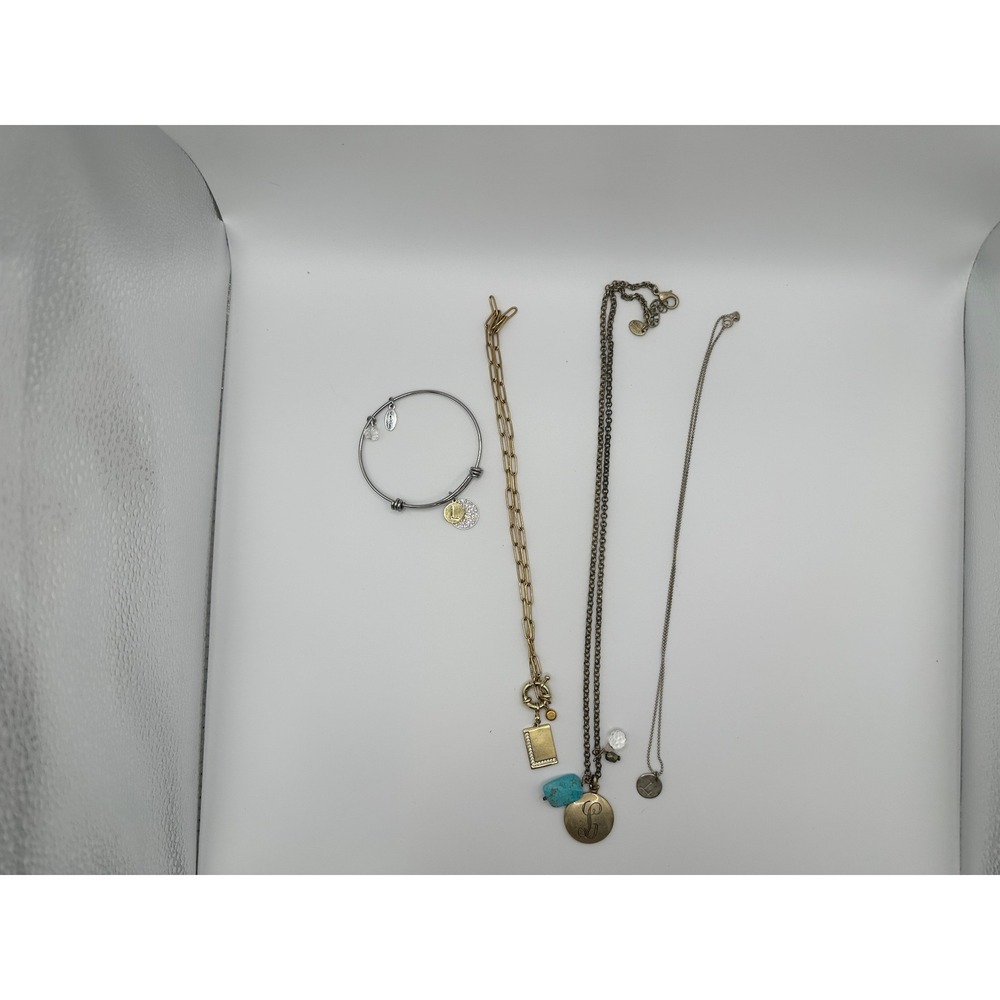 Alex and Ani Bangle and Initial Necklace‎ Lot Silver Gold Tone Monogram L S 4pc